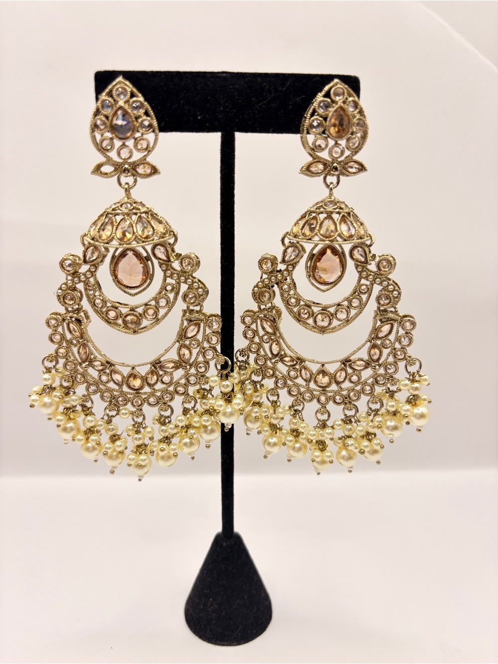Elegant Gold-Tone Polki Champagne Color And Pearl Chandbali Earrings